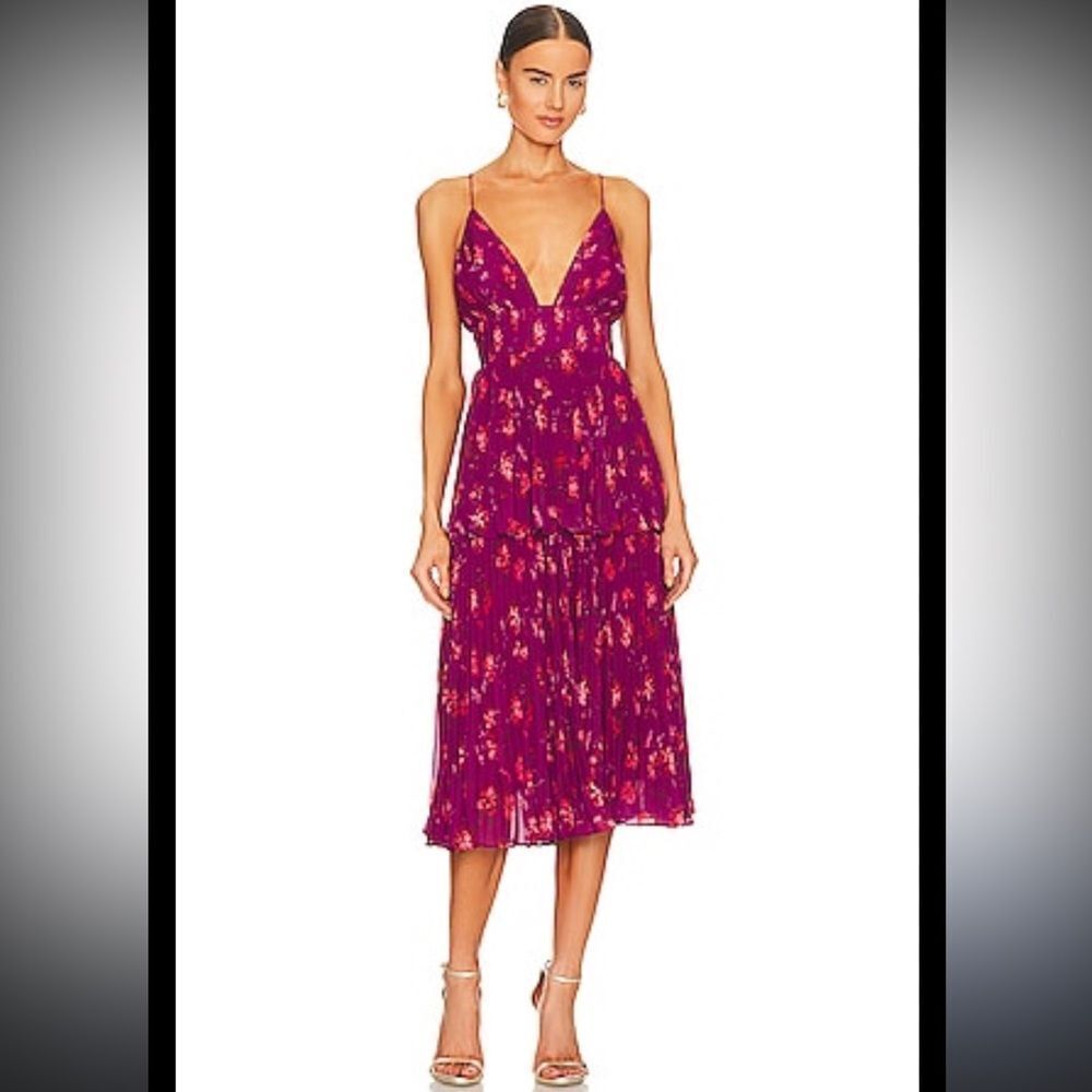 NWTs AMUR Catarina V Neck Pleated Tiered Dress in Bougainvillea Mono Floral Sz 2